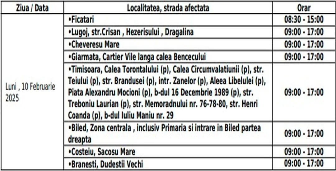 Care localități din Timișoara vor avea întreruperi de curent în zilele următoare?